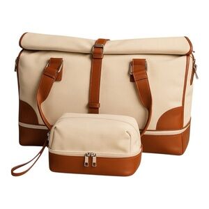 Roll-Top Weekender Bag w/ Trolley Sleeve & Matching Toiletry Bag – White/Brown